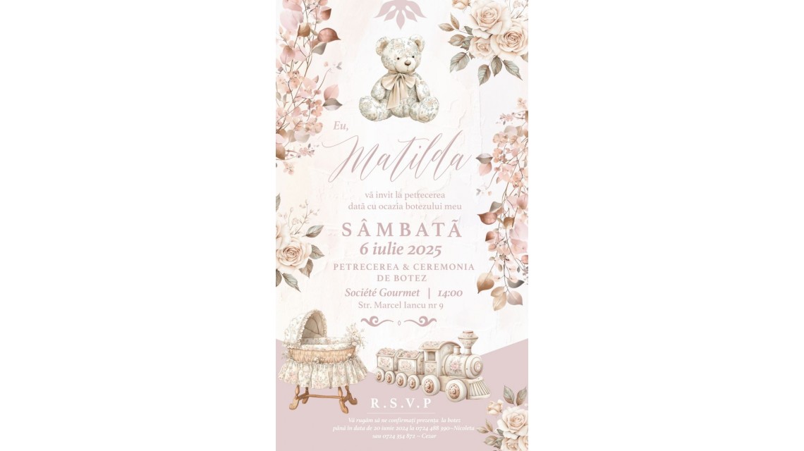 Invitație digitală botez fetiță Ursuleț Vintage Roz Pudra cu Bej, Flori și Jucării de Lemn 1